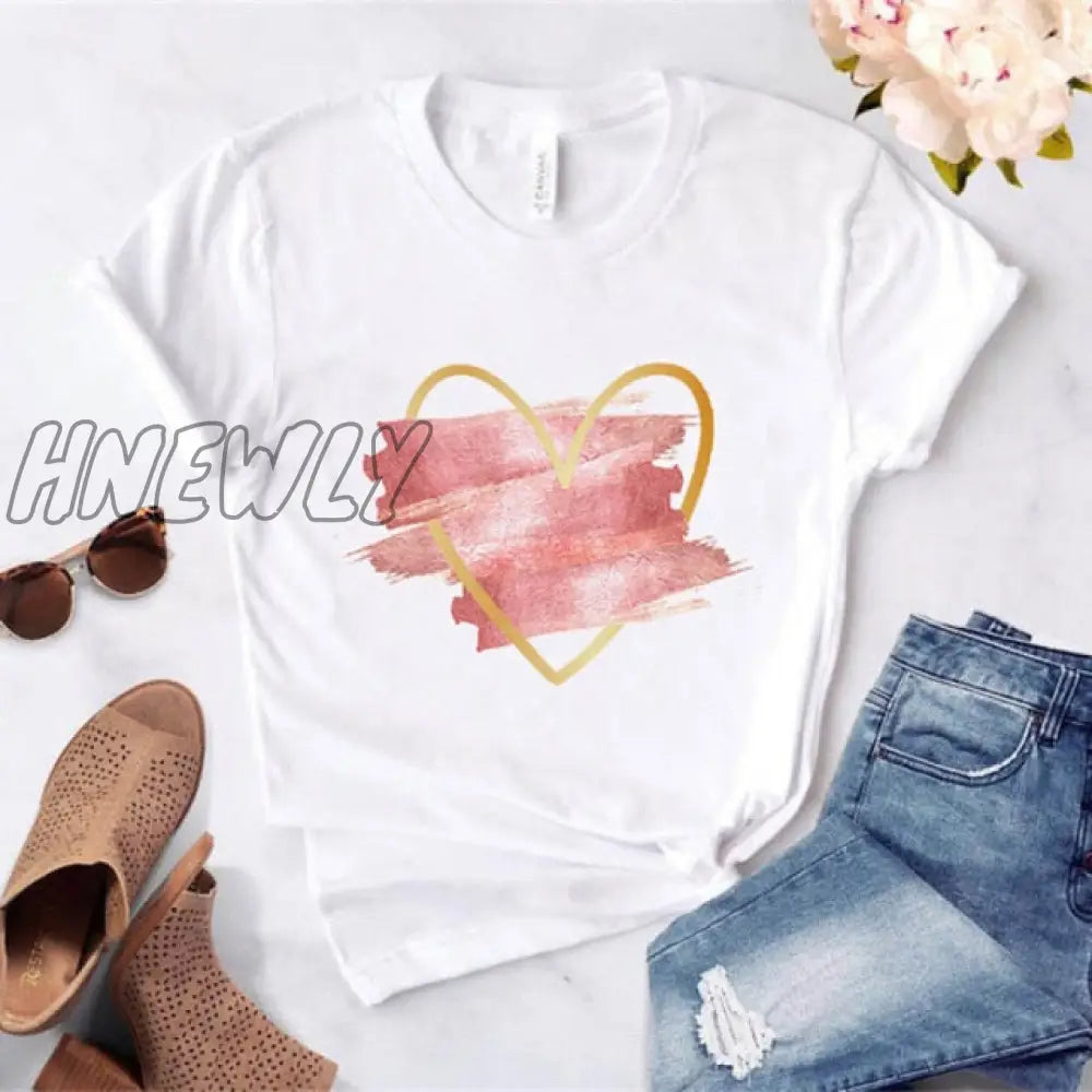 Heart Flower Print Ladies T - Shirt Casual Basis O - Collar White Shirt Short Sleeve Love Graphic