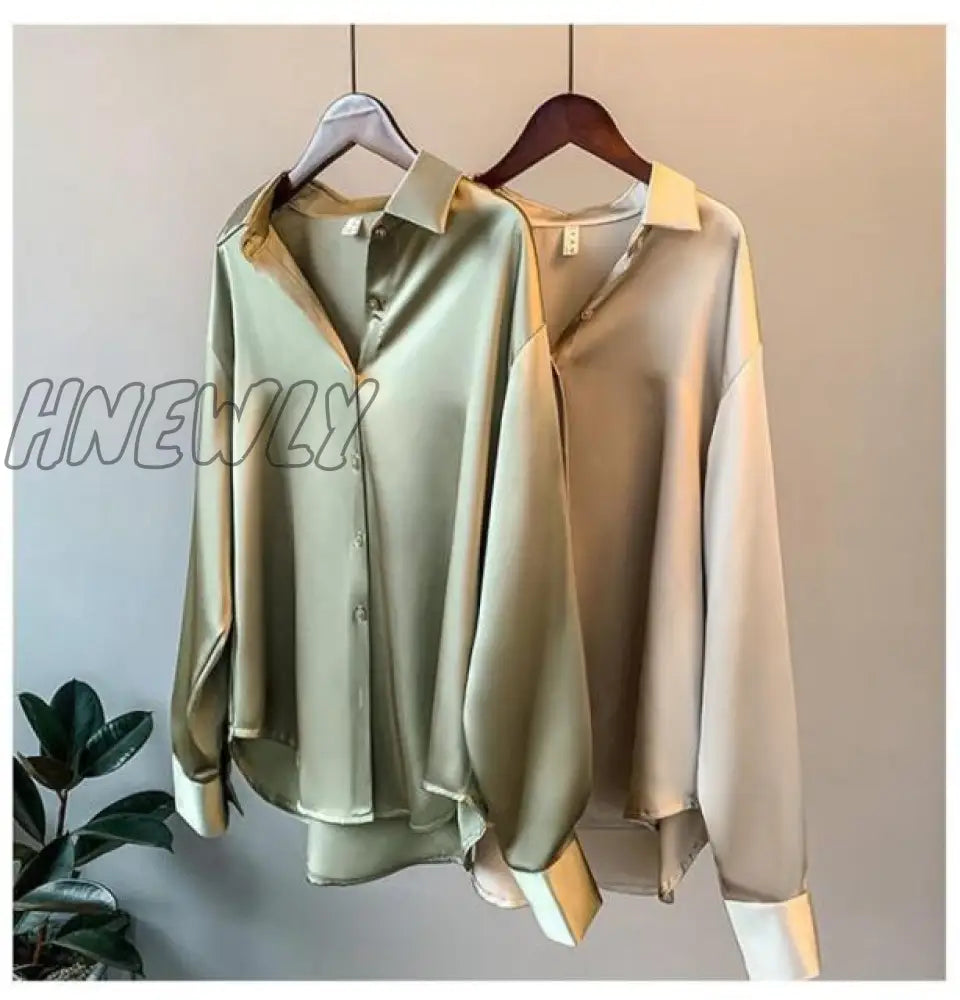 High Quality Elegant Imitation Silk Blouse Spring Women Fashion Long Sleeves Satin Vintage Femme