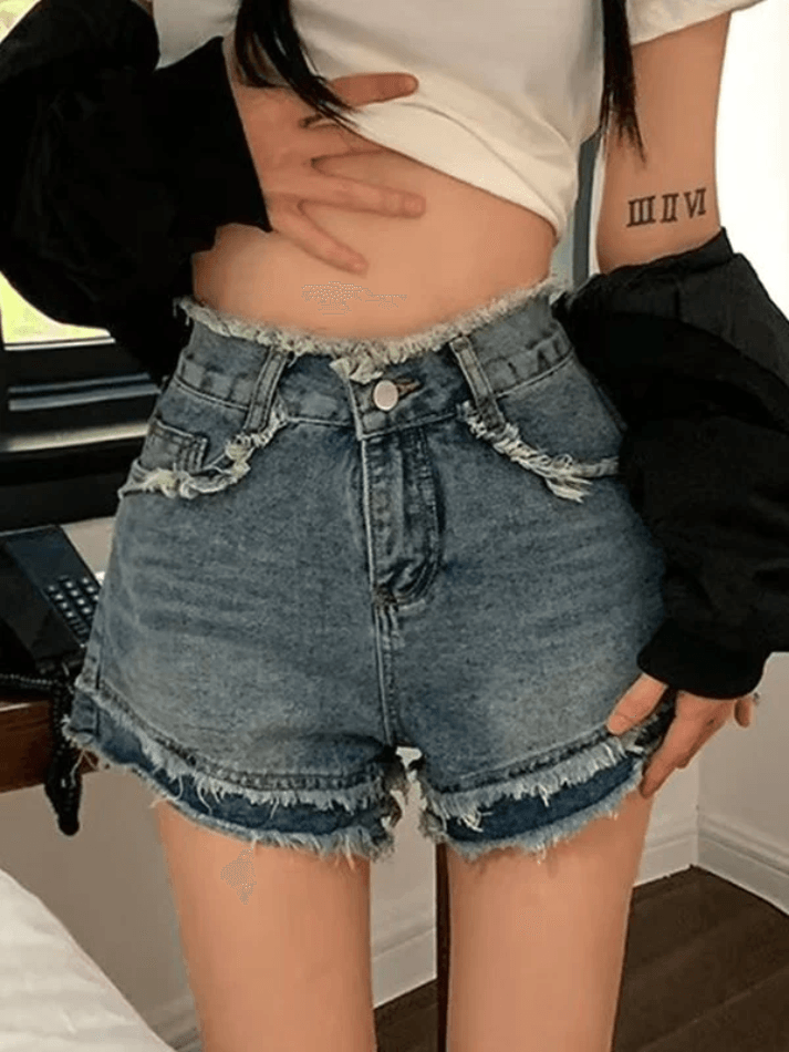 Hnewly - High Waist Frayed Denim Shorts Hnewly