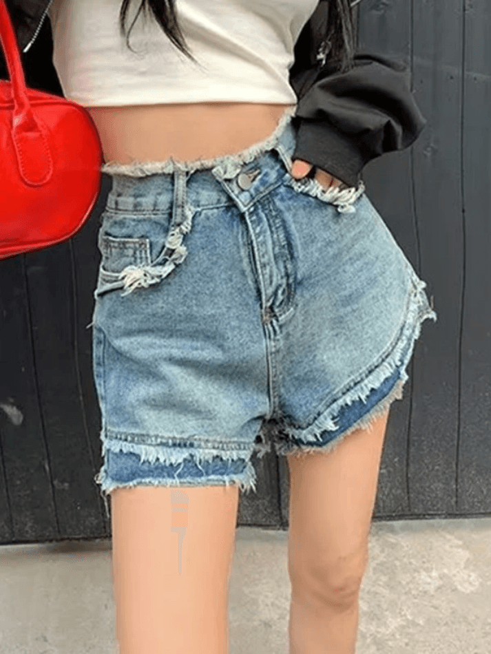 Hnewly - High Waist Frayed Denim Shorts Hnewly