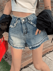 Hnewly - High Waist Frayed Denim Shorts Hnewly