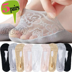 Hnewly 1/5Pairs Ballet Lace Flower Sock Slippers Women Summer Silicone Non-Slip Ankle Sox Invisible