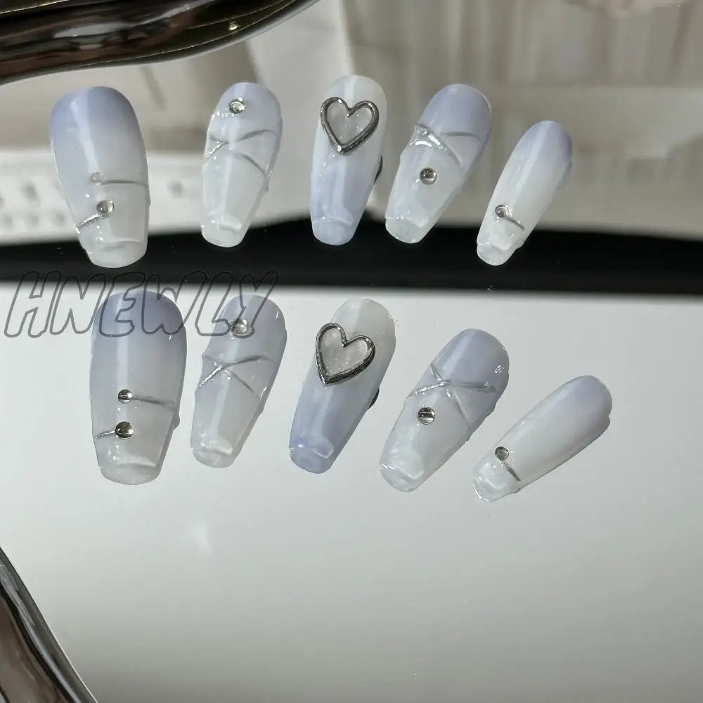 Hnewly 10Pcs Ice Transparent Blue Fake Nails With Metal Silver Heart And Cross Design Gloss Full