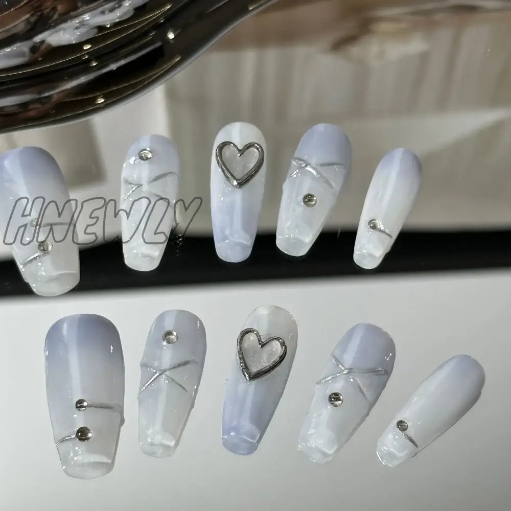 Hnewly 10Pcs Ice Transparent Blue Fake Nails With Metal Silver Heart And Cross Design Gloss Full