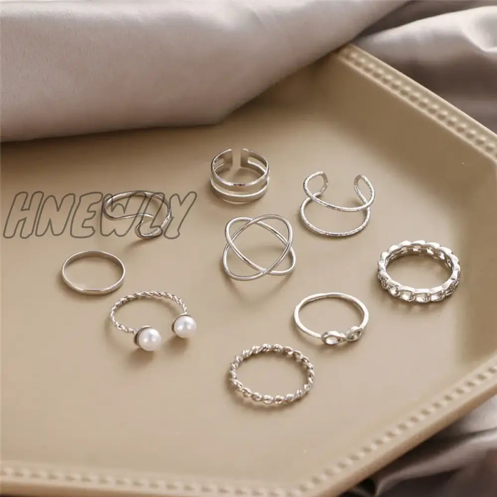 Hnewly 10Pcs Punk Gold Color Chain Rings Set For Women Girls Fashion Irregular Finger Thin Gift