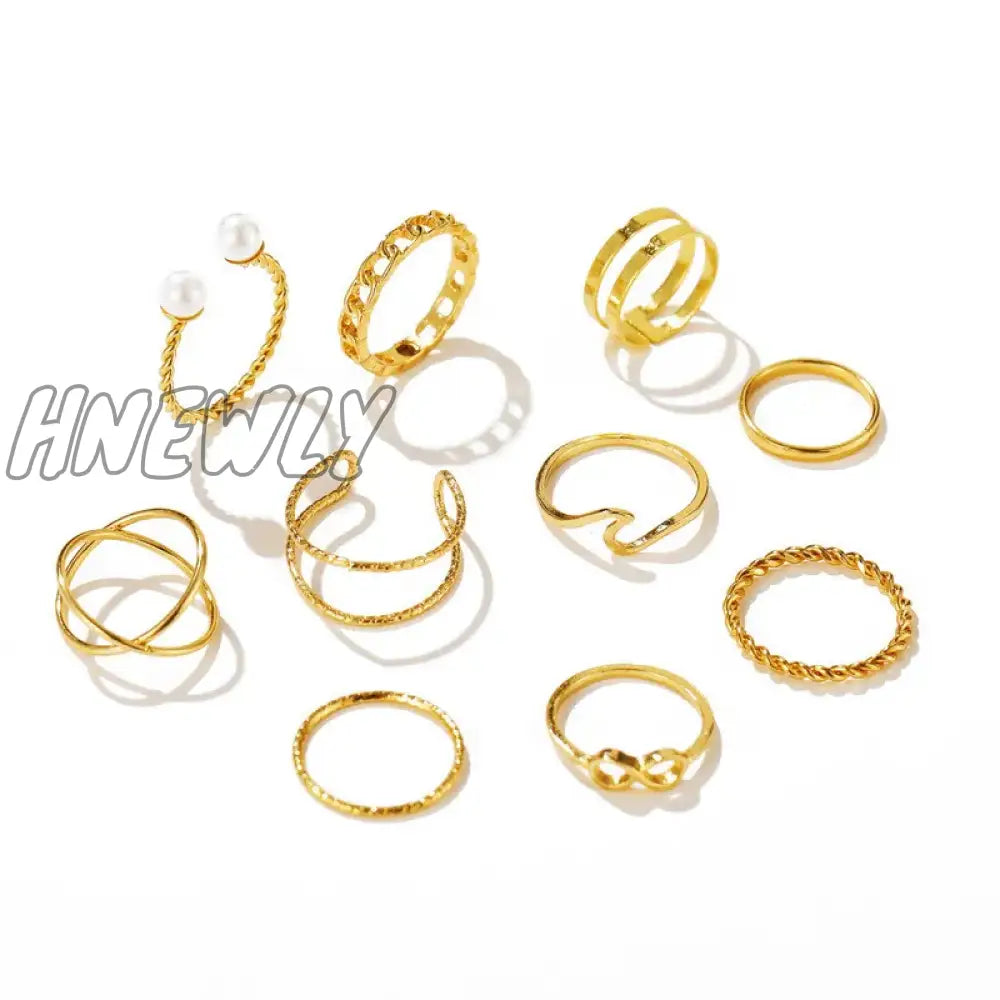 Hnewly 10Pcs Punk Gold Color Chain Rings Set For Women Girls Fashion Irregular Finger Thin Gift