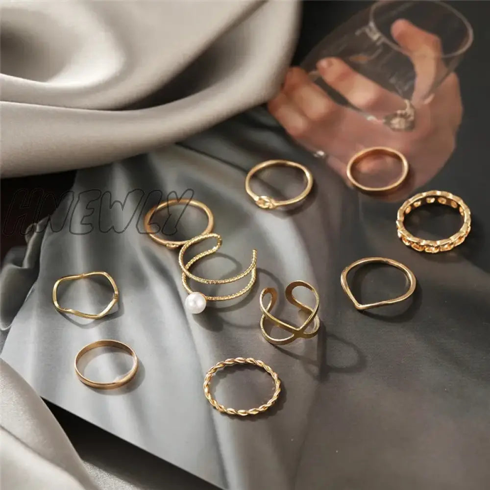 Hnewly 10Pcs Punk Gold Color Chain Rings Set For Women Girls Fashion Irregular Finger Thin Gift