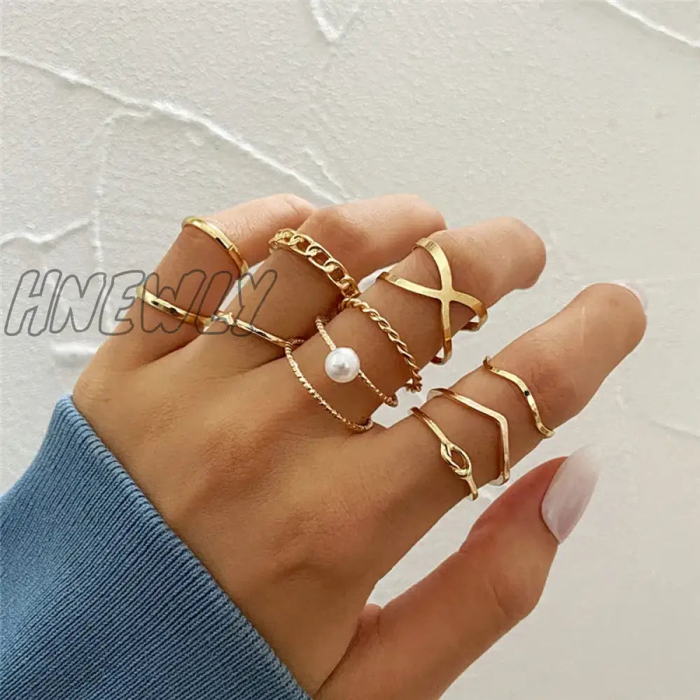 Hnewly 10Pcs Punk Gold Color Chain Rings Set For Women Girls Fashion Irregular Finger Thin Gift