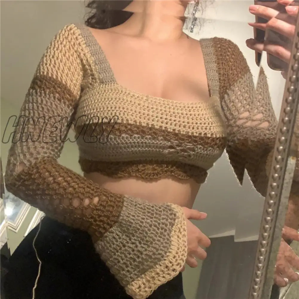 Hnewly 2000S Women Knitted Crop Tops Y2K Aesthetic Patchwork Long Flared Sleeve Crochet Knitwear