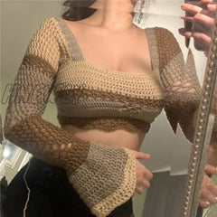 Hnewly 2000S Women Knitted Crop Tops Y2K Aesthetic Patchwork Long Flared Sleeve Crochet Knitwear