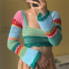 Hnewly 2000S Women Knitted Crop Tops Y2K Aesthetic Patchwork Long Flared Sleeve Crochet Knitwear