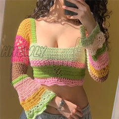 Hnewly 2000S Women Knitted Crop Tops Y2K Aesthetic Patchwork Long Flared Sleeve Crochet Knitwear