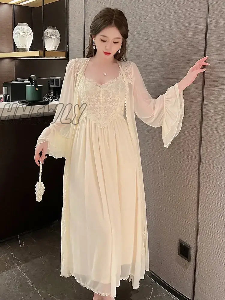 2024 New Women Long Sleeve Vintage Nightgown Retro Fairy Palace Nightdress Classic French Court