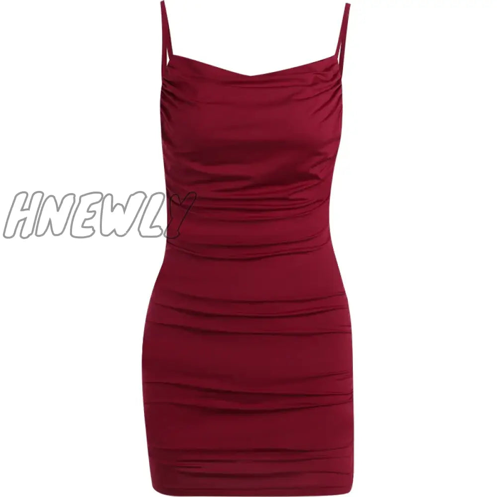 Hnewly 2024 Summer New Women’s Sexy Style Party Red Sling Dress Knitted Fabric Gathered Backless