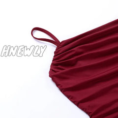 Hnewly 2024 Summer New Women’s Sexy Style Party Red Sling Dress Knitted Fabric Gathered Backless