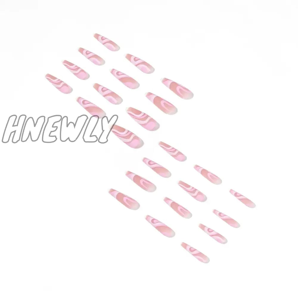 Hnewly 24Pcs/Box Reusable And Adhesive Art False Nails French Long Ballet Pink Rose Contrast Line