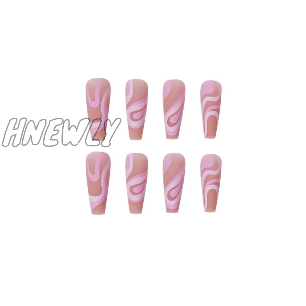 Hnewly 24Pcs/Box Reusable And Adhesive Art False Nails French Long Ballet Pink Rose Contrast Line