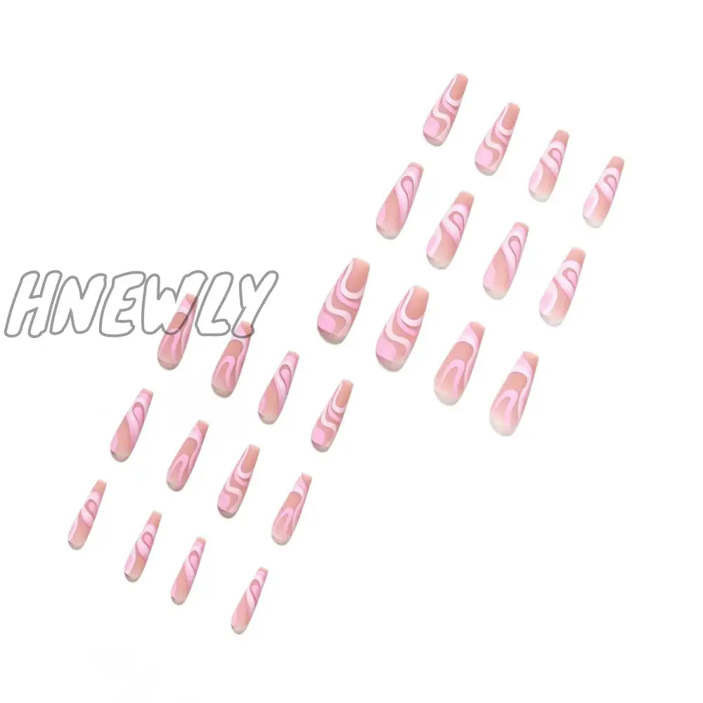 Hnewly 24Pcs/Box Reusable And Adhesive Art False Nails French Long Ballet Pink Rose Contrast Line