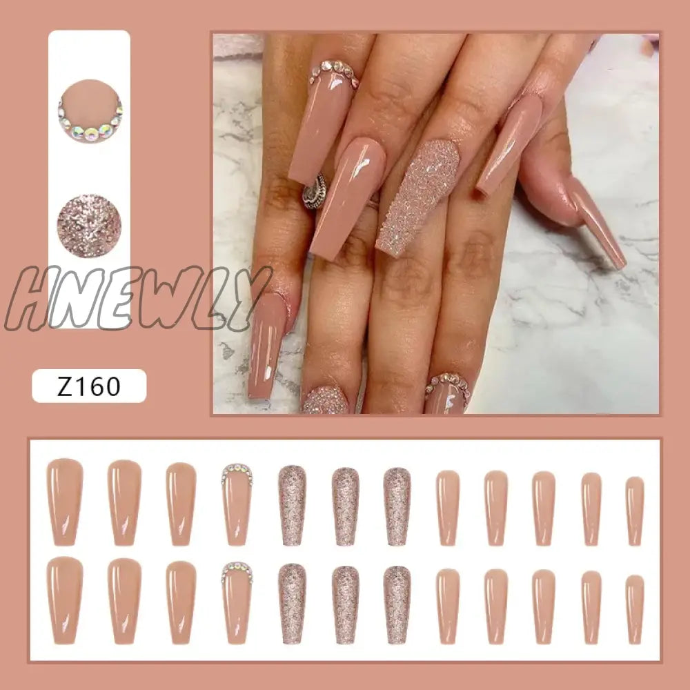 Hnewly 24Pcs False Nails Nude Gradient Nail Patch Rhinestone Inlaid Press On Removable Long