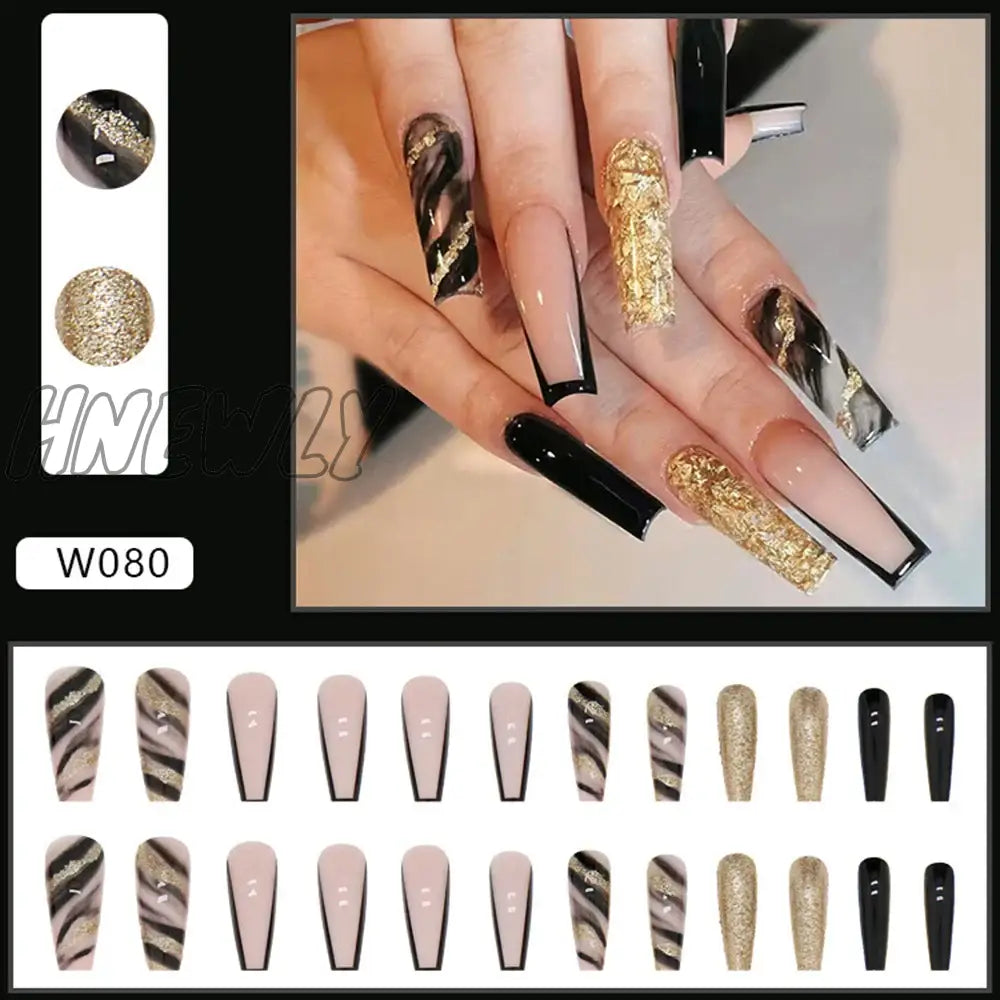 Hnewly 24Pcs False Nails Nude Gradient Nail Patch Rhinestone Inlaid Press On Removable Long