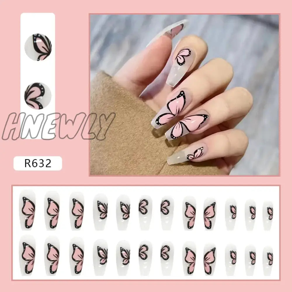 Hnewly 24Pcs False Nails Nude Gradient Nail Patch Rhinestone Inlaid Press On Removable Long