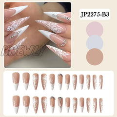 Hnewly 24Pcs False Nails Nude Gradient Nail Patch Rhinestone Inlaid Press On Removable Long