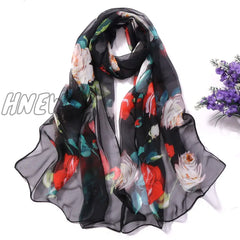 Hnewly 30# Chiffon Florak Print Scarves Silk Scarf Fashion Women Roses Printing Long Soft Wrap