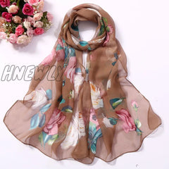 Hnewly 30# Chiffon Florak Print Scarves Silk Scarf Fashion Women Roses Printing Long Soft Wrap