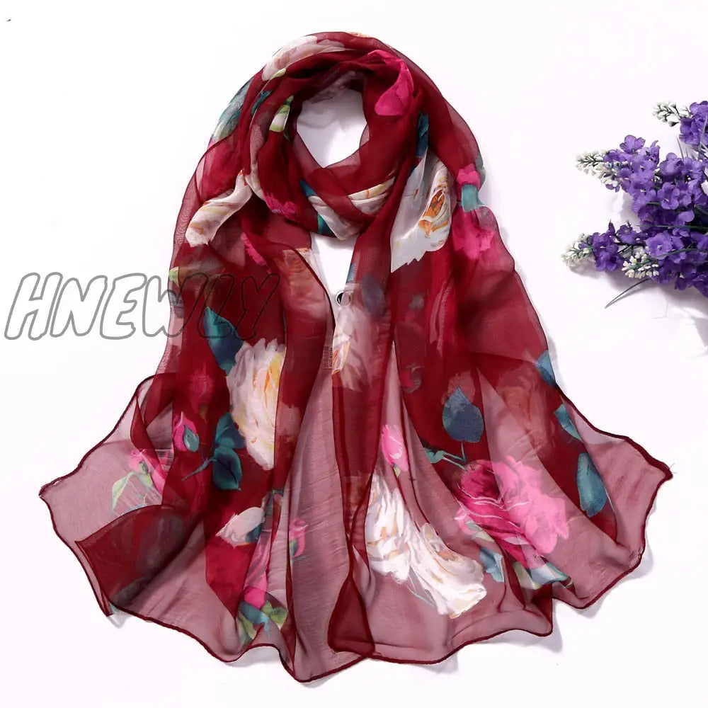 Hnewly 30# Chiffon Florak Print Scarves Silk Scarf Fashion Women Roses Printing Long Soft Wrap