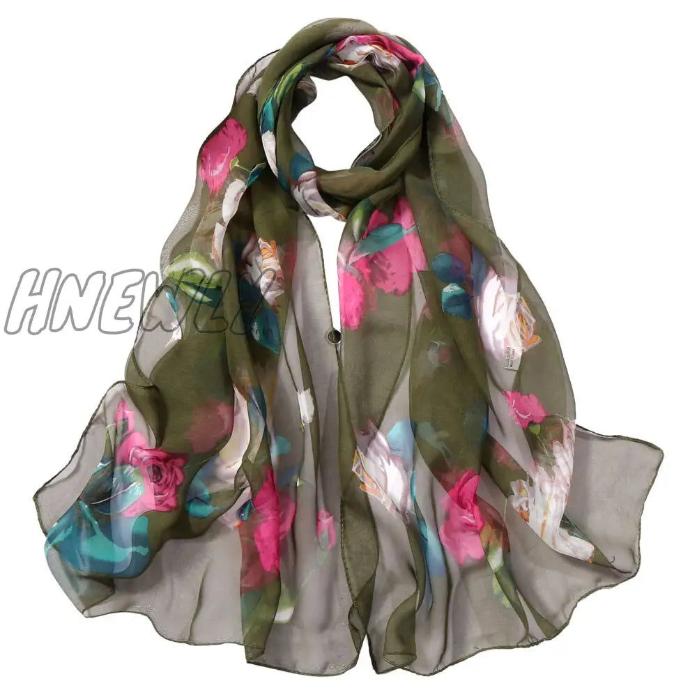 Hnewly 30# Chiffon Florak Print Scarves Silk Scarf Fashion Women Roses Printing Long Soft Wrap