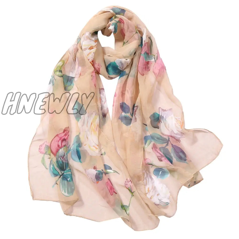 Hnewly 30# Chiffon Florak Print Scarves Silk Scarf Fashion Women Roses Printing Long Soft Wrap