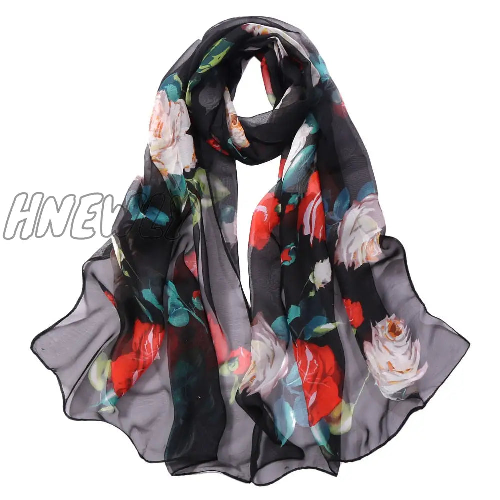 Hnewly 30# Chiffon Florak Print Scarves Silk Scarf Fashion Women Roses Printing Long Soft Wrap