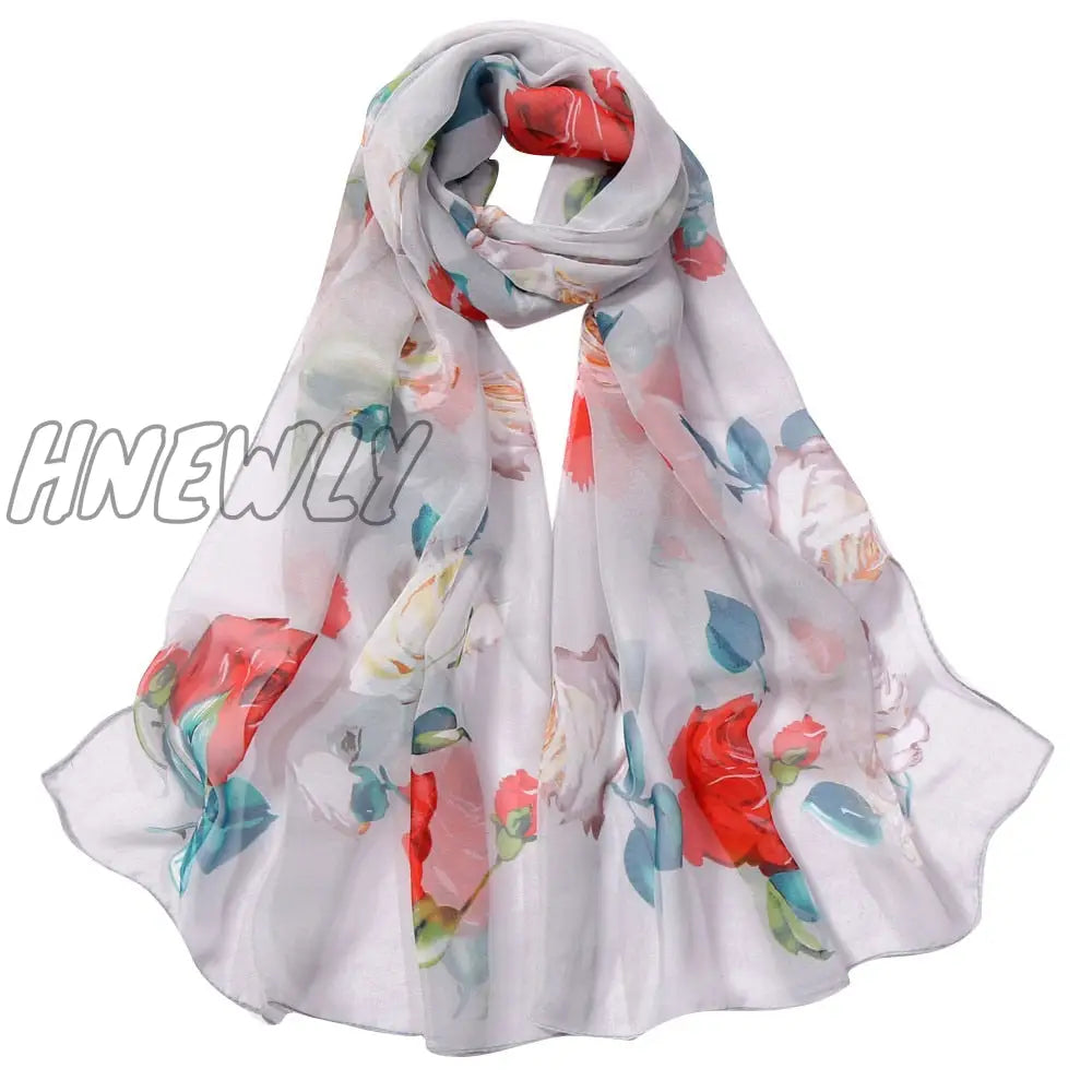 Hnewly 30# Chiffon Florak Print Scarves Silk Scarf Fashion Women Roses Printing Long Soft Wrap