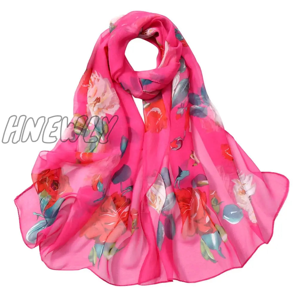 Hnewly 30# Chiffon Florak Print Scarves Silk Scarf Fashion Women Roses Printing Long Soft Wrap