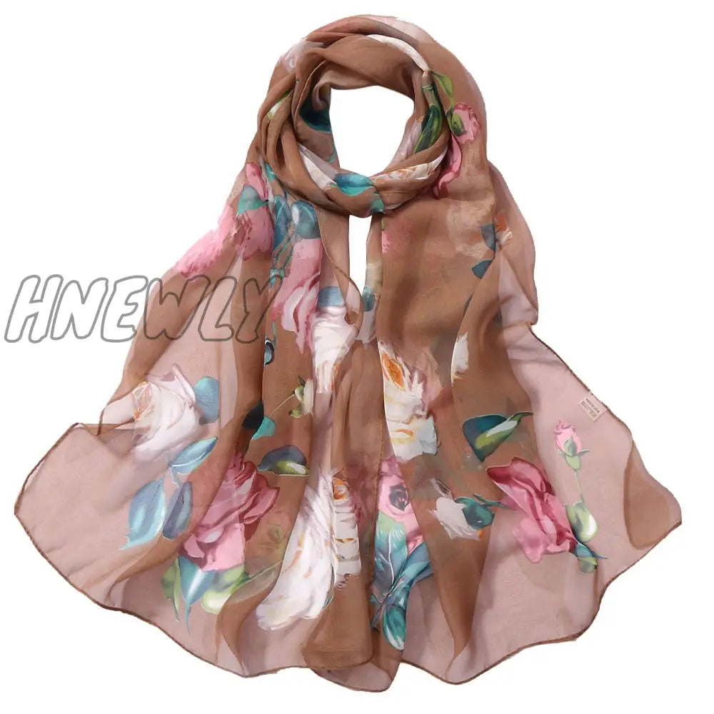 Hnewly 30# Chiffon Florak Print Scarves Silk Scarf Fashion Women Roses Printing Long Soft Wrap