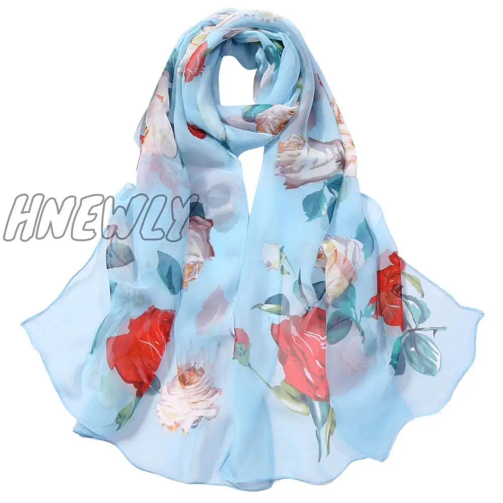 Hnewly 30# Chiffon Florak Print Scarves Silk Scarf Fashion Women Roses Printing Long Soft Wrap