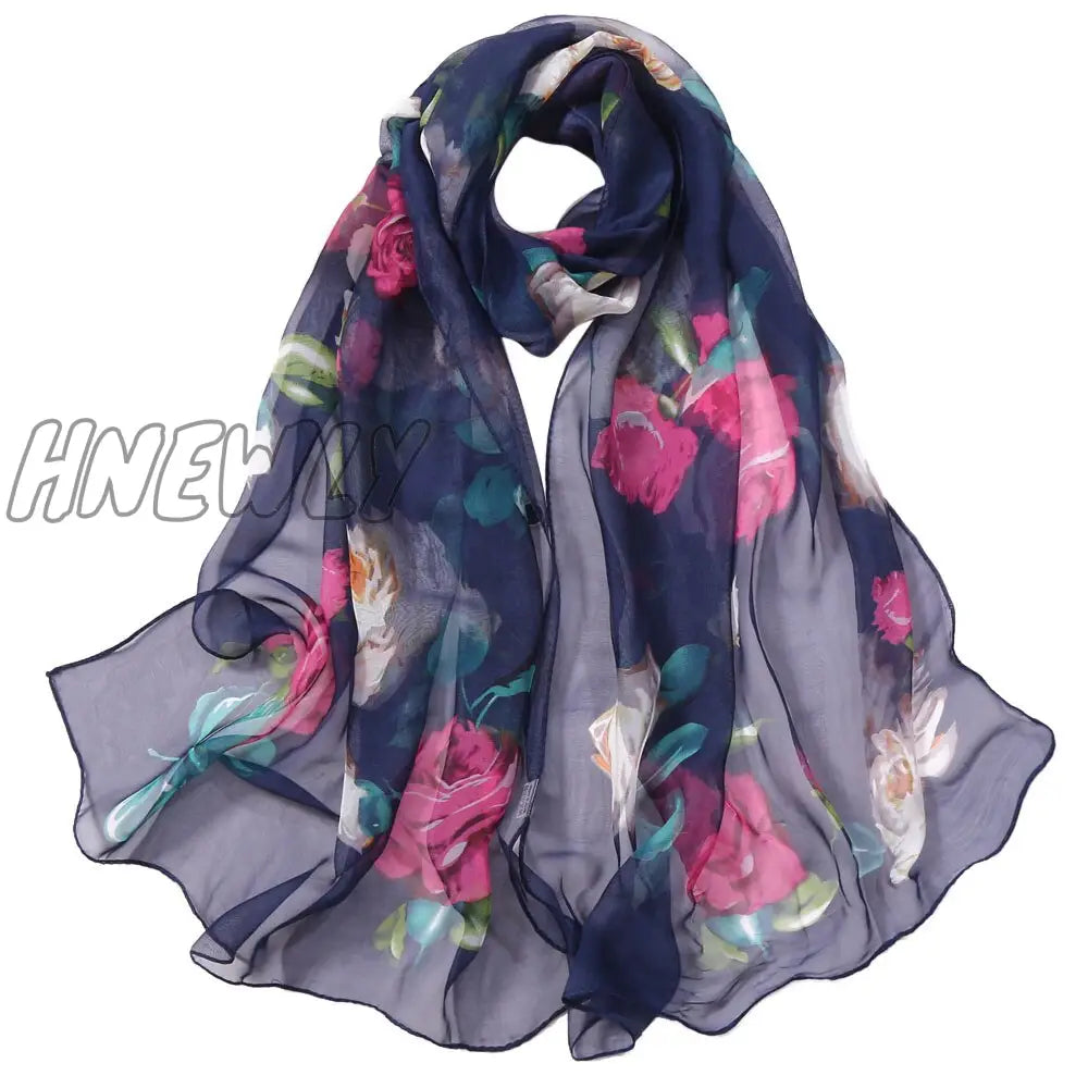 Hnewly 30# Chiffon Florak Print Scarves Silk Scarf Fashion Women Roses Printing Long Soft Wrap