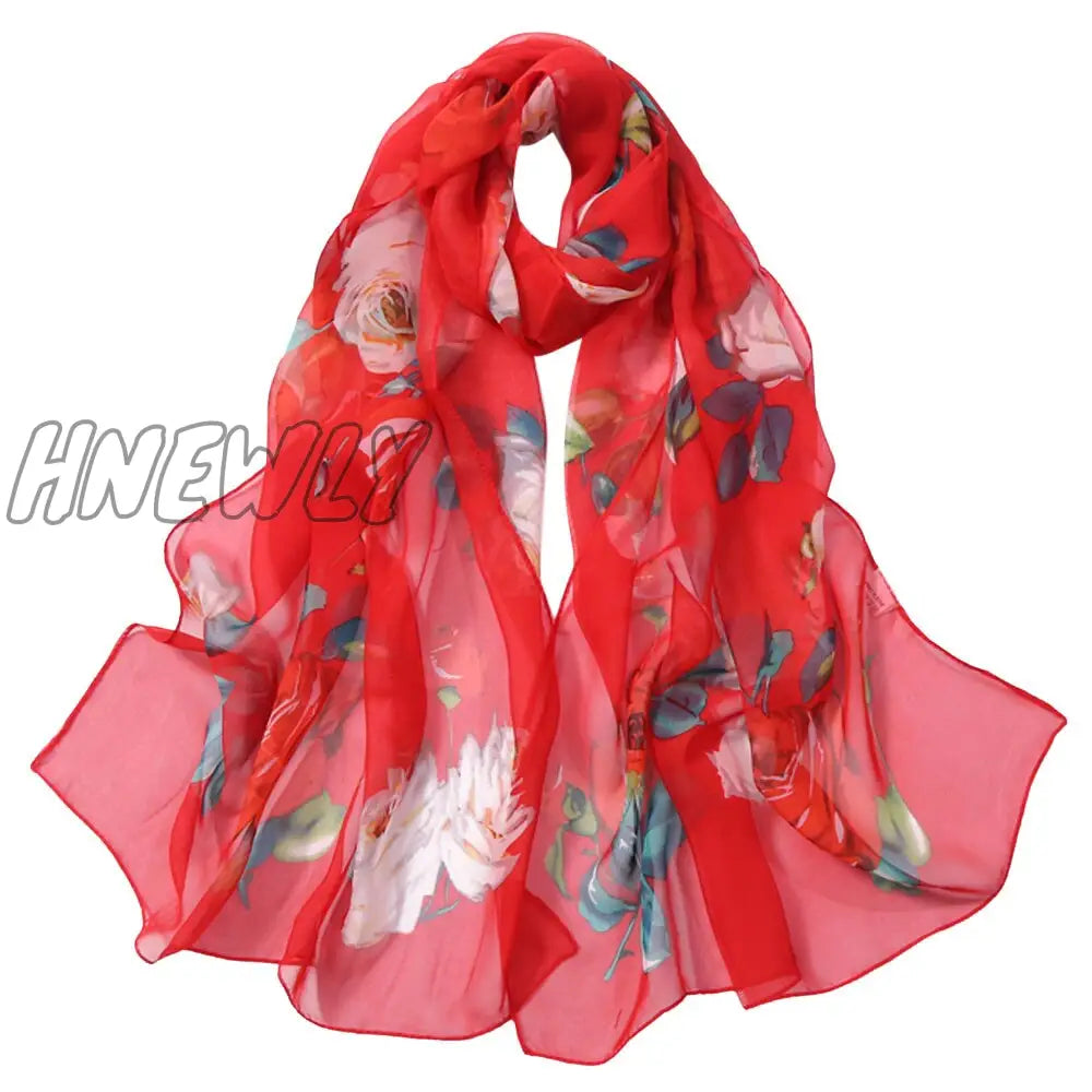 Hnewly 30# Chiffon Florak Print Scarves Silk Scarf Fashion Women Roses Printing Long Soft Wrap