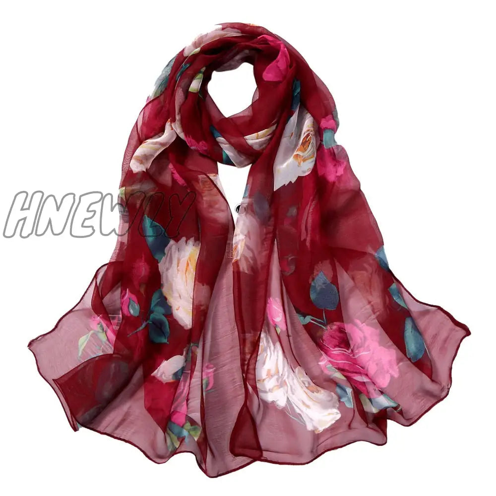 Hnewly 30# Chiffon Florak Print Scarves Silk Scarf Fashion Women Roses Printing Long Soft Wrap