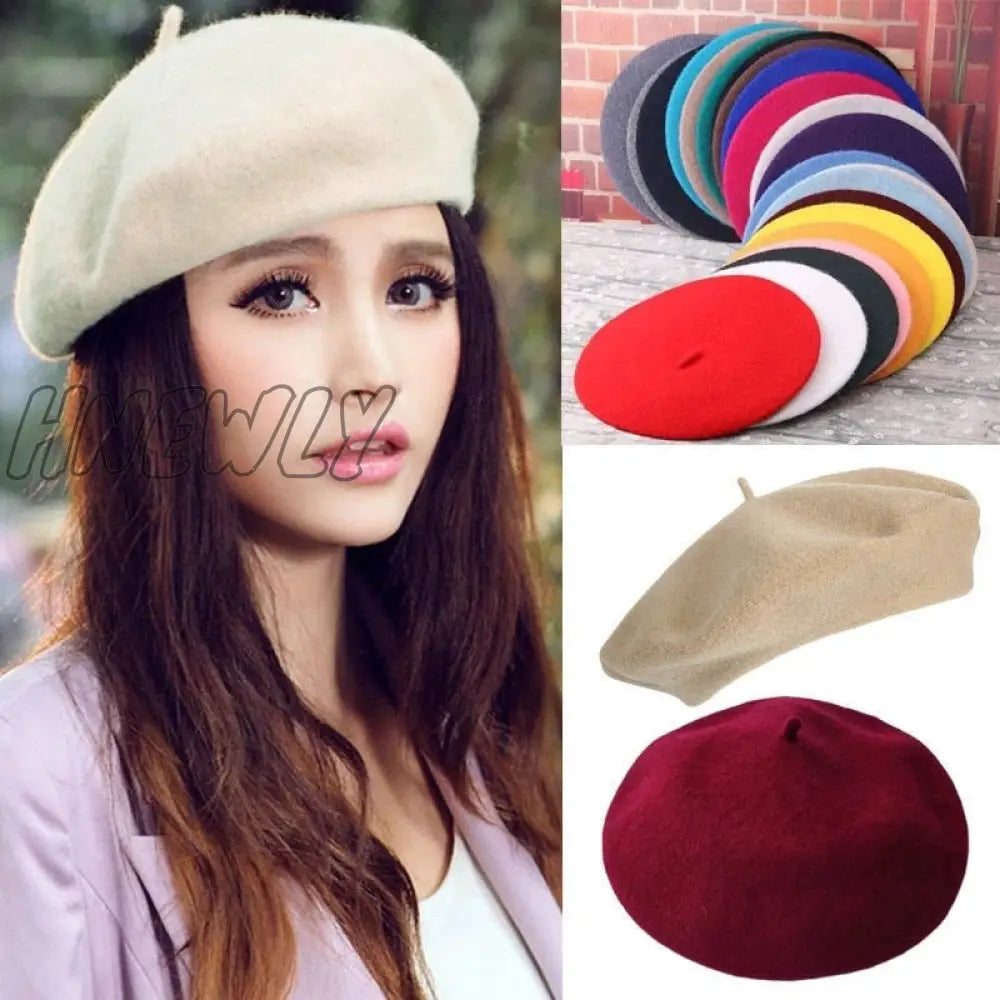 Hnewly 30 Colors Available Women Girl Beret French Artist Warm Wool Winter Beanie Hat Solid Color