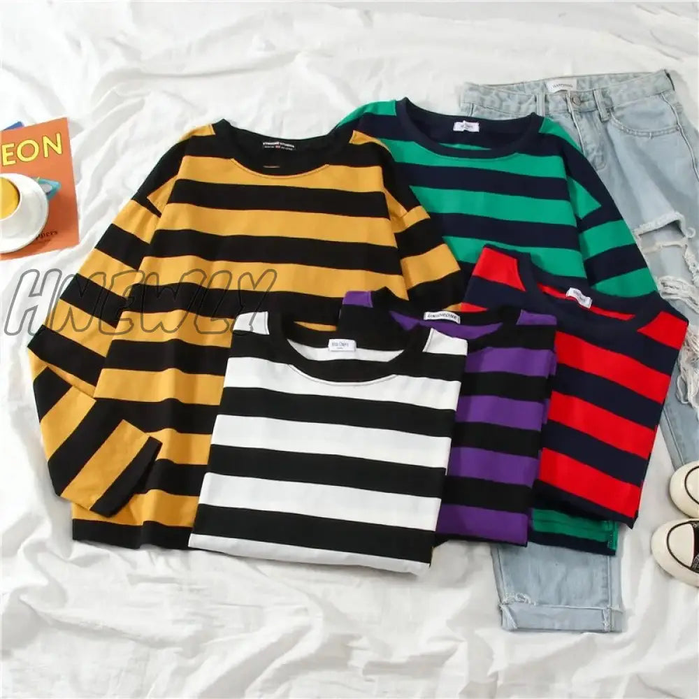 Hnewly 5 Colors Women Cotton Purple Striped Tops Slim Fit T Shirt Harajuku Tshirt Summer Long