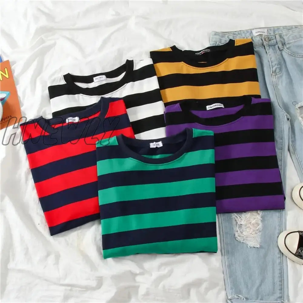 Hnewly 5 Colors Women Cotton Purple Striped Tops Slim Fit T Shirt Harajuku Tshirt Summer Long