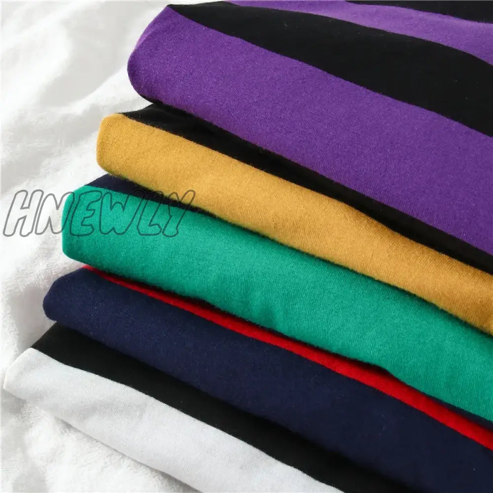 Hnewly 5 Colors Women Cotton Purple Striped Tops Slim Fit T Shirt Harajuku Tshirt Summer Long