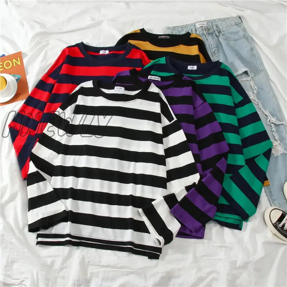 Hnewly 5 Colors Women Cotton Purple Striped Tops Slim Fit T Shirt Harajuku Tshirt Summer Long