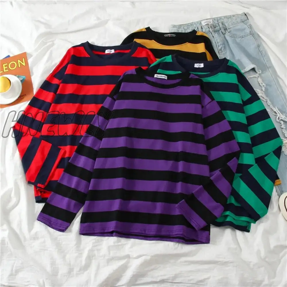 Hnewly 5 Colors Women Cotton Purple Striped Tops Slim Fit T Shirt Harajuku Tshirt Summer Long