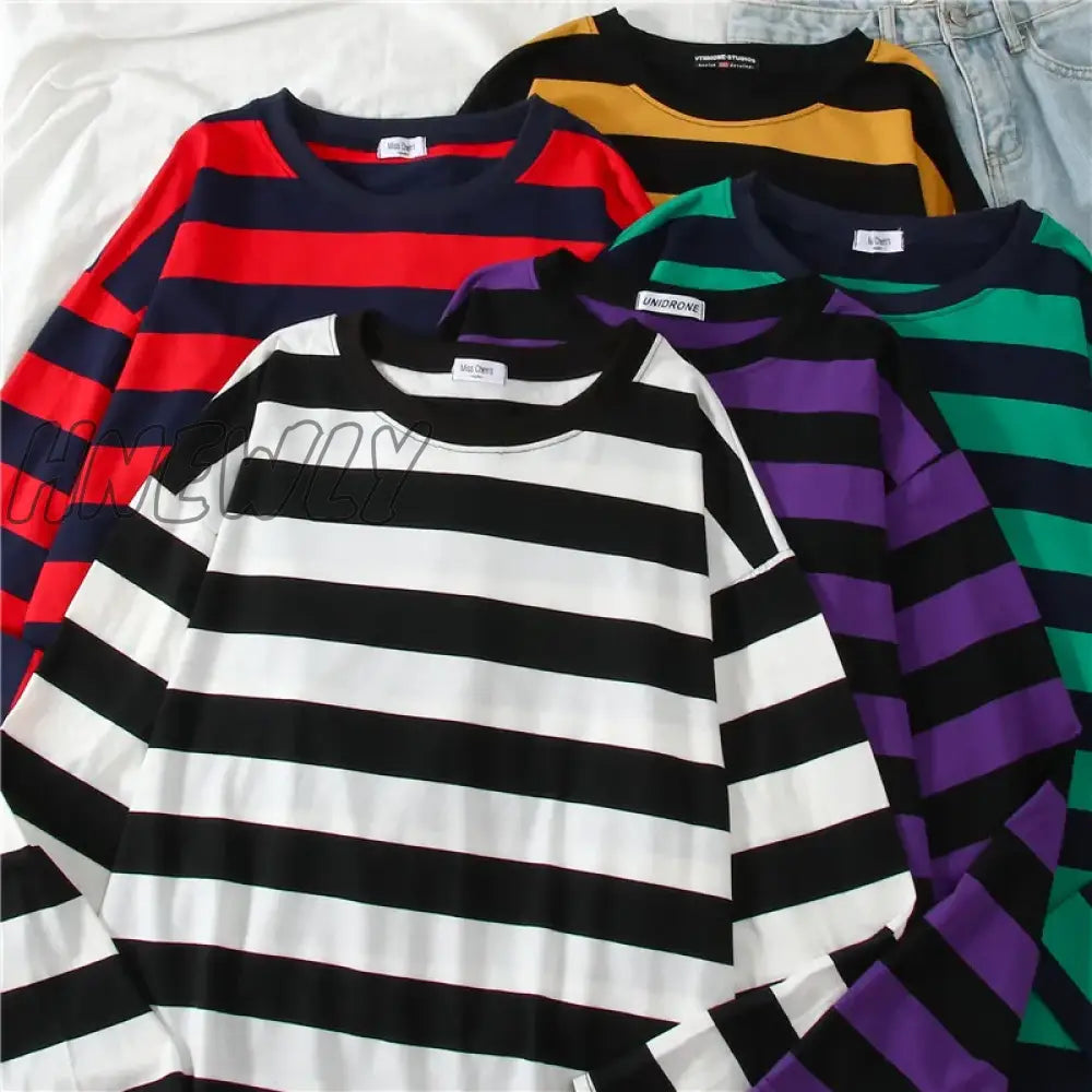 Hnewly 5 Colors Women Cotton Purple Striped Tops Slim Fit T Shirt Harajuku Tshirt Summer Long