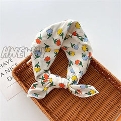 Hnewly 58Cm Square Cotton Flower Neck Scarf Hair Band Fashion Print Wrap Hairband Headband