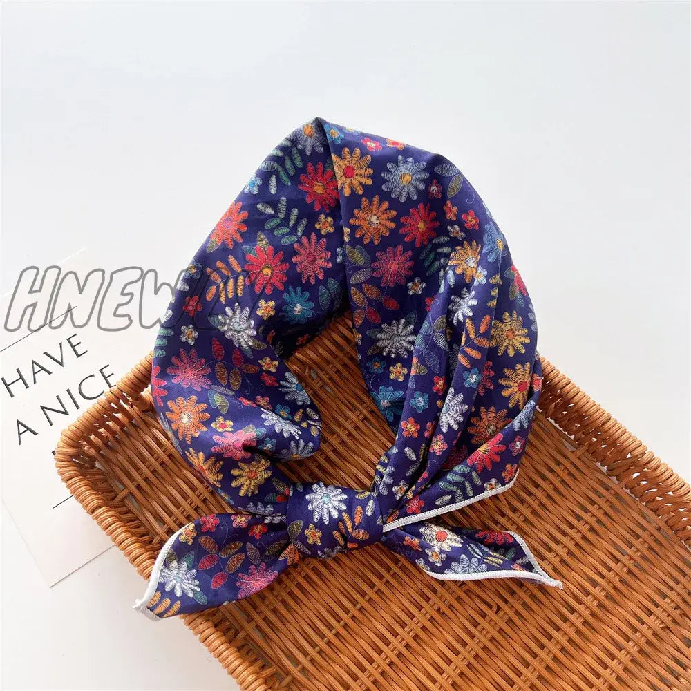 Hnewly 58Cm Square Cotton Flower Neck Scarf Hair Band Fashion Print Wrap Hairband Headband