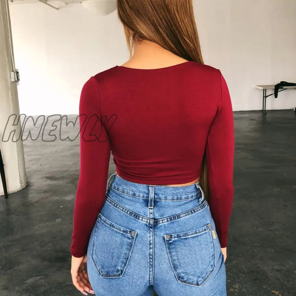 Hnewly 6 Colors Newest Arrival Women Summer Solid V Neck Long Sleeve T - Shirts Short Tops Crop