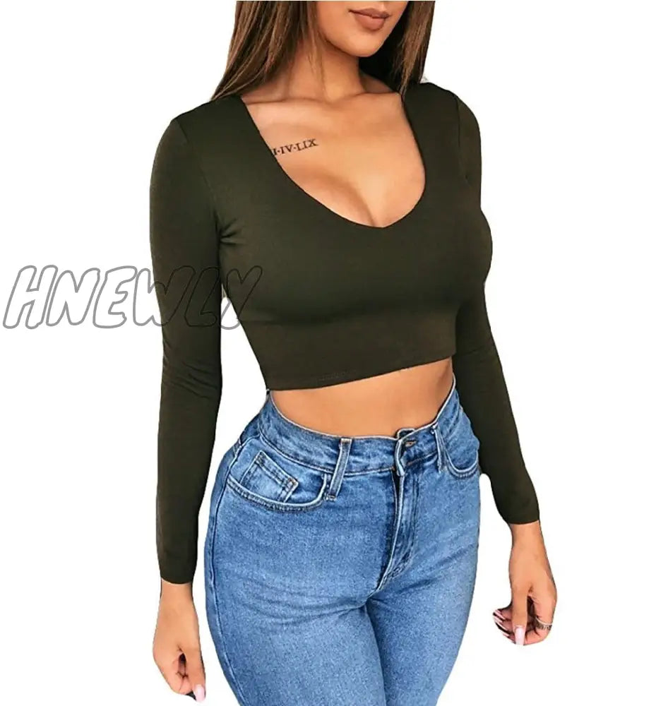 Hnewly 6 Colors Newest Arrival Women Summer Solid V Neck Long Sleeve T - Shirts Short Tops Crop